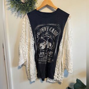 Custom Johnny Cash Graphic Tee with White Crochet Kimono Sleeves